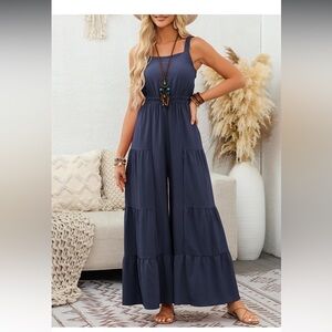 Navy Blue Sleeveless Jumpsuit/Overall with Ruffled Wide-Leg Design